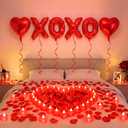 Ganeen Red Romantic Balloons Kit with 6 Pcs 16 Inch XOXO Letters 18 Inch Heart Shaped Balloons 24 LED Flameless Candle 2000 Rose Petals for Wedding Decoration Special Night Galentines