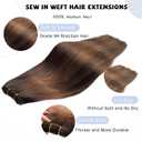 Brown Highlights Hair Wefts Sew in Hair Extensions Real Human Hair Bundle, 24 Inch 120G Ombre Dark Brown Balayage Chestnut Brown Highlights Weft Hair Extensions Human Hair Hand Tied Weft Extension