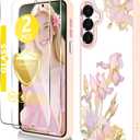 for Samsung Galaxy A16 5G Case6.7 inch with Tempered Glass Screen Protector Slim Soft TPU & Hard PC Crystal Clear Cover, Elegant Cute Floral Pattern Design for Girls Women-Iris/Pink