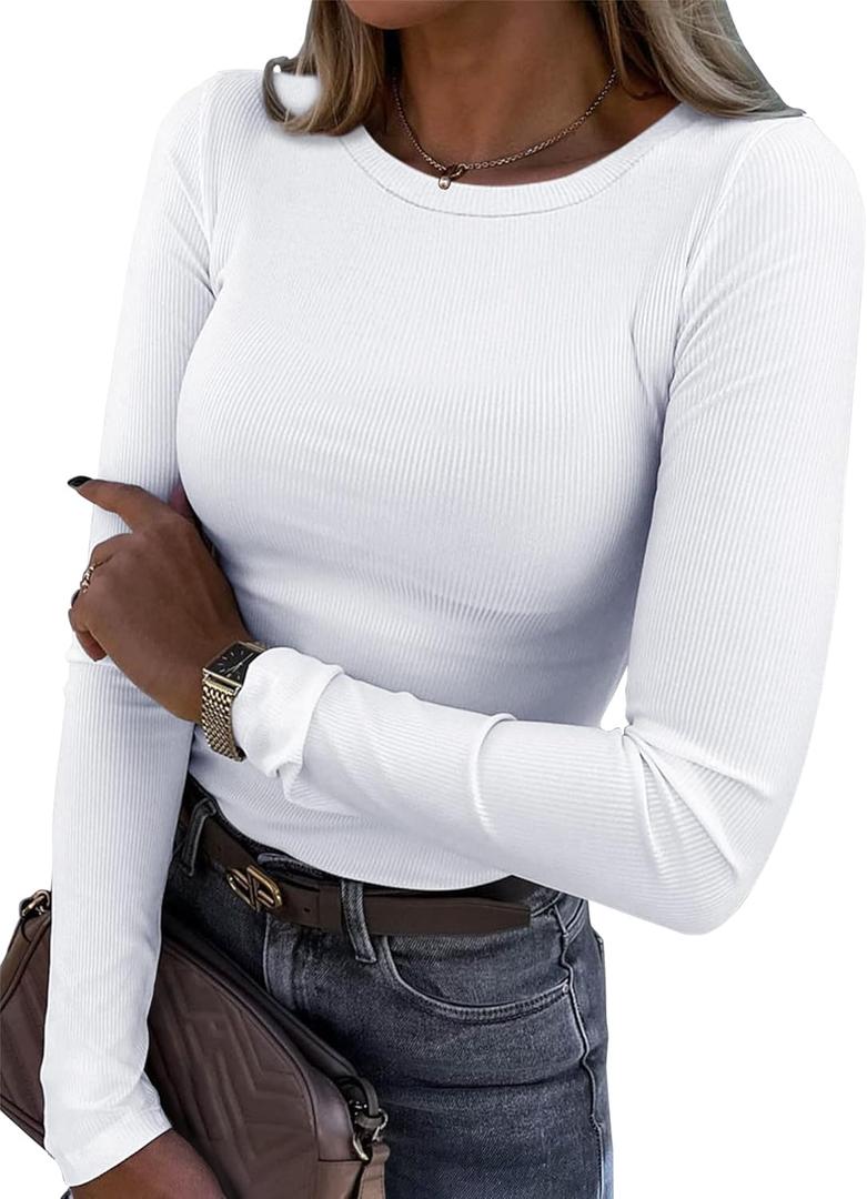Roselux Womens Long Sleeve Stretch Crewneck Ribbed T-Shirt Fitted Casual Basic Tops (Medium) White