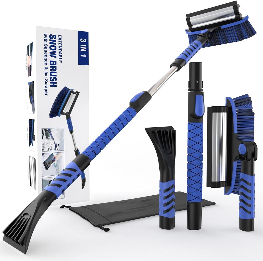Yuntcsz 42" Snow Brush and Detachable Ice Scraper for Car Windshield with Squeegee, Extendable Aluminum Handle, 180 Pivoting Bristle Head and Foam Grip for Cars, Trucks, SUVs