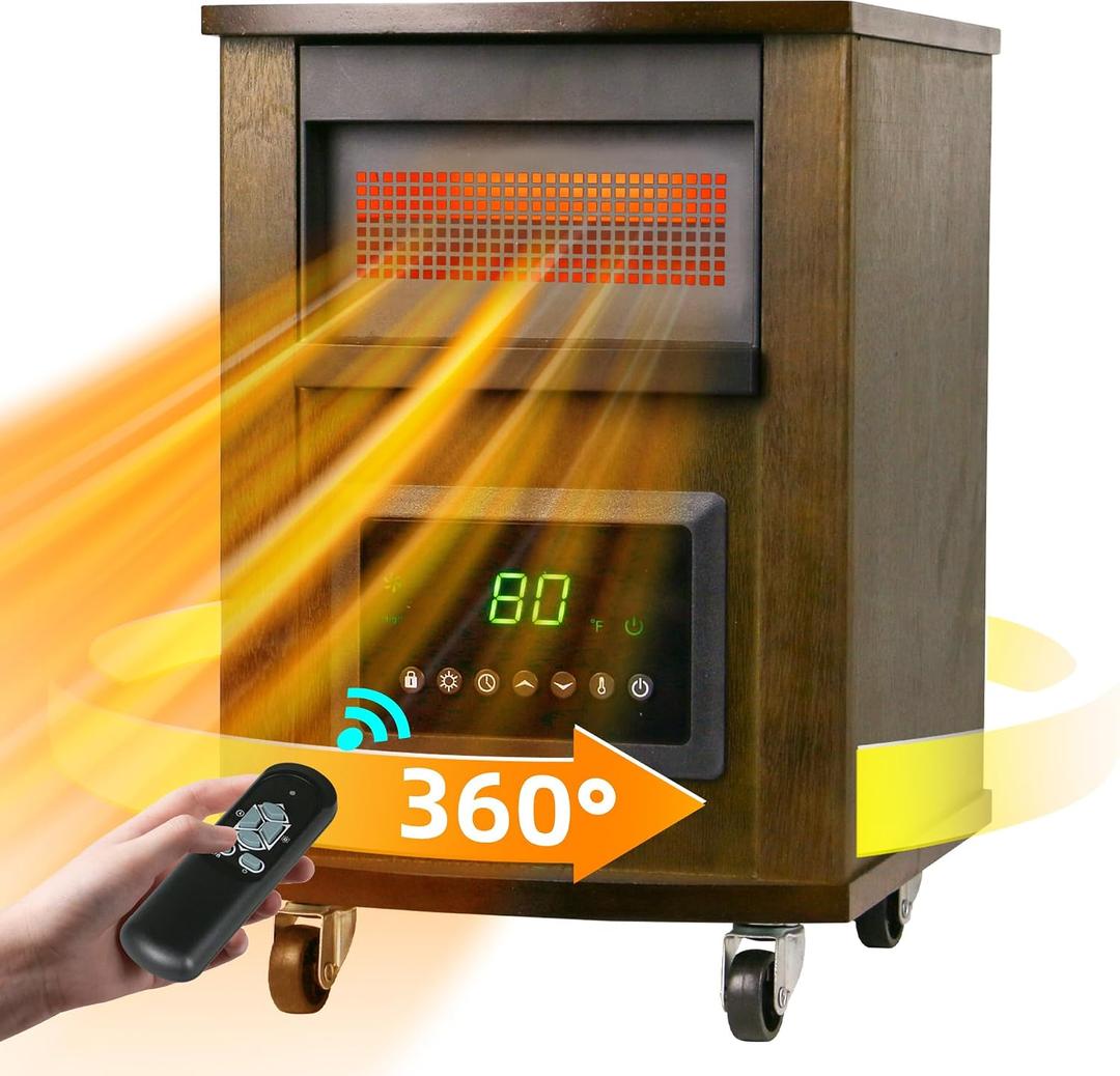 1500W Realsmart Space Infrared Heaters for Indoor Use Large room Electric Quartz Heater with Remote Control Wheels LCD Display 3 Heating Modes 12H Timer Overheat Tip Over Protection Safe