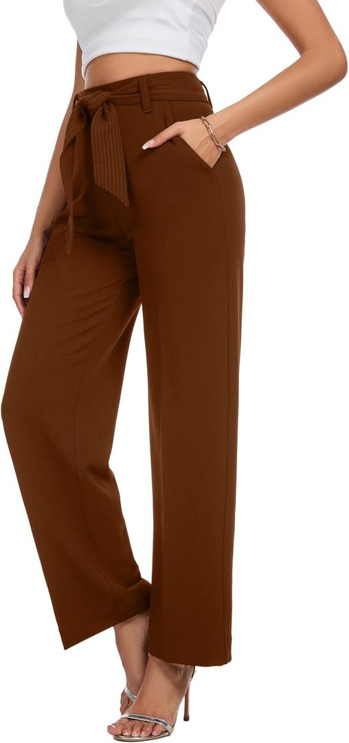 Women's Casual High Waisted Wide Leg Dress Pants with Pockets and Belt (M)