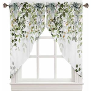 Sage Green Eucalyptus Swag Curtain Valance for Windows,Watercolor Leaves Window Treatments Short Swag Topper for Kitchen Windows Bathroom Bedroom,28 x 36 Inch
