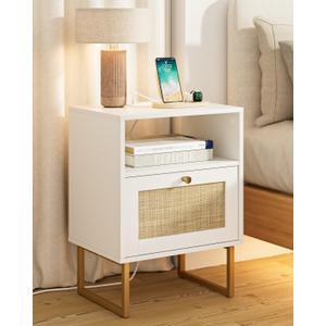 Rattan Nightstand with Charging Station, Mid Century Modern Night Stand,Boho Farmhouse Wood Bedside Table with Storage and Open Shelf, End Side Accent Table for Bedroom,Living Room,White