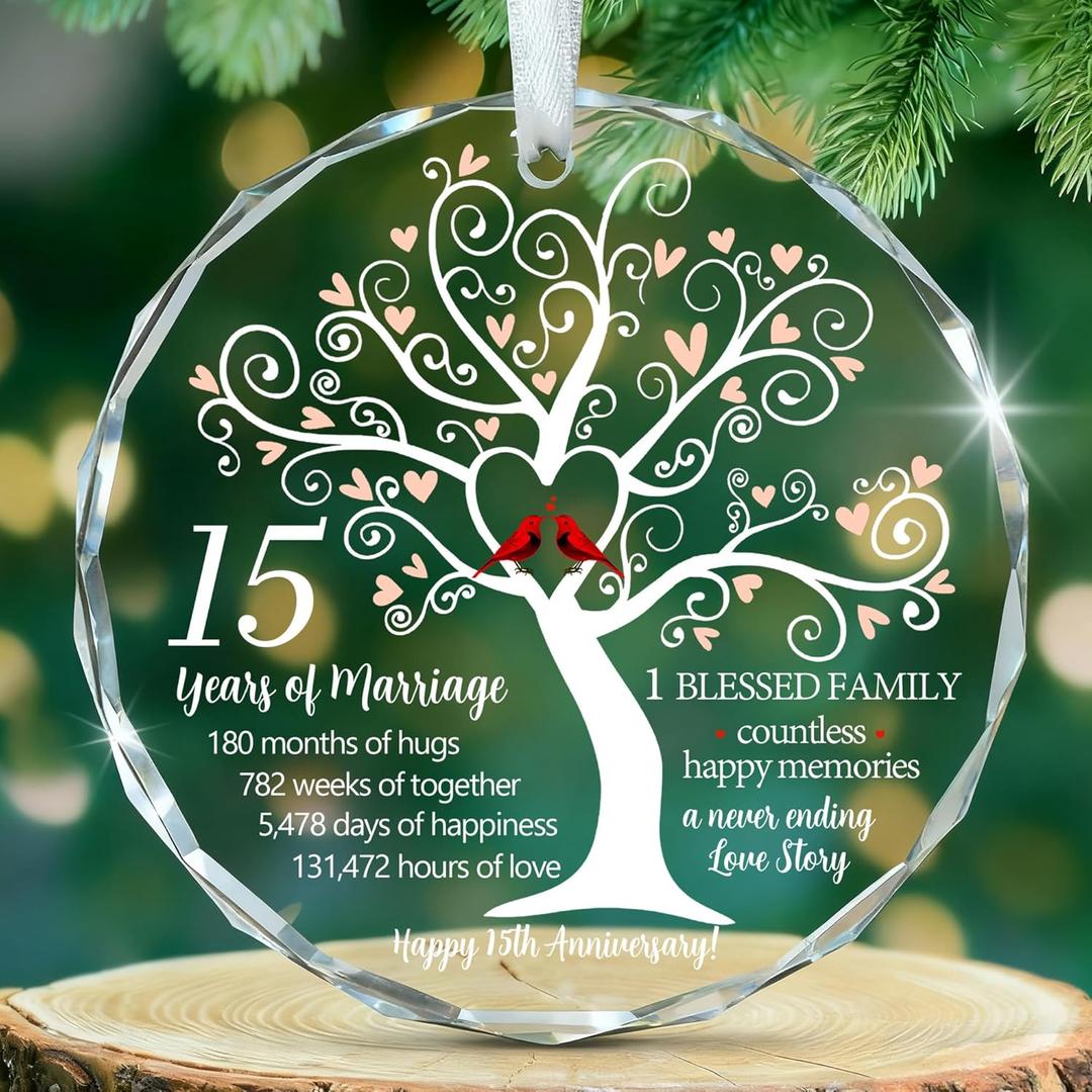 15th Wedding Ideas Glass Ornaments for Parents Couple Wife Husband Him Her - Crystal Anniversary Wedding Presents - Unique Keepsake for 15 Years Marriage