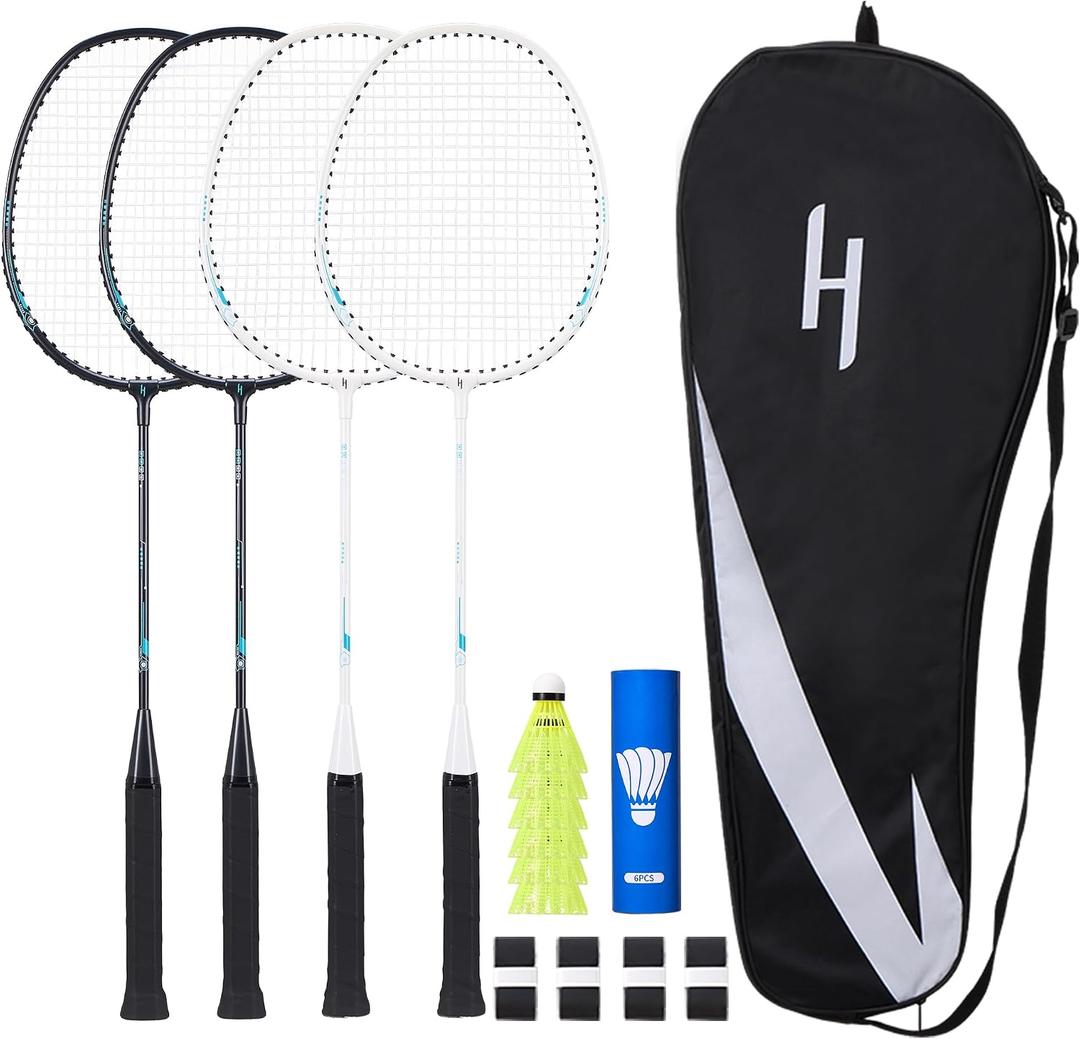Badminton Rackets Set, Beginner Racquets, 6 Birdies, 4 Grips & Bag