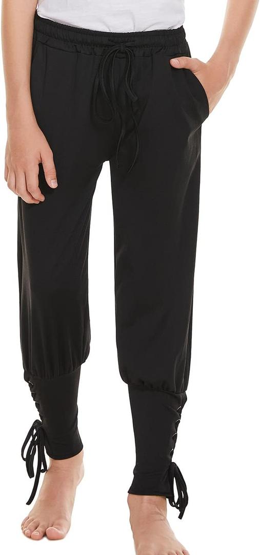 WISHU Medieval Ankle Banded Pirate Pants Boys, Kids Renaissance Viking Pirate Costume, Halloween Cosplay Striped Trousers (10-12 Years, Black)