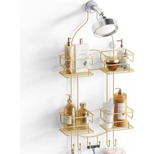 SRIWATANA Shower Caddy Hanging, Bathroom Organizer, No Drilling Shelves Over Shower Head, Bath Rack Holder with Hooks for Razors and Sponge - Gold