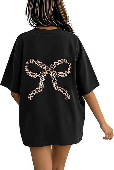 RoseSeek Girl's Bow Leopard Graphic Tees Short Sleeve Preppy Summer T Shirt Aesthetic Baggy Tops Leopard Black 11Y