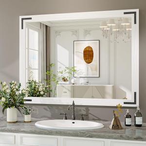 White Farmhouse Bathroom Mirror, 40x30 Inch White Wooded Framed Vanity Mirror for Wall, Rectangular Rustic Wall Decor Mirrors for Entryway Living Room Bedroom
