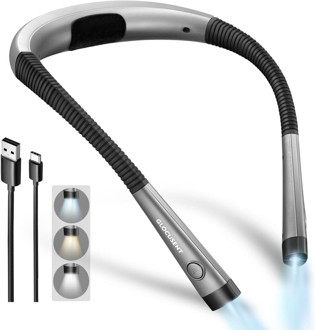 Glocusent Book Light, 3-Color & 6-Brightness Reading Light, Bendable Neck Light, 80-hr Lasting Rechargeable Book Light, Perfect Reading Lights for Books in Bed, Knitting, Repairing, Book Lovers Gifts (Standard-medium, Gray)