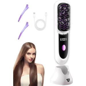 Go Brush Pro Hair Straightener  Cordless Comb with Negative Ion, 6000mAh Fast Heating & Portable Travel Design, Rechargeable Brush for Straightening and Curling (White-1Pcs)