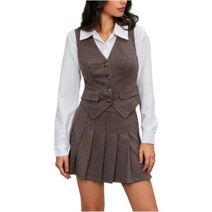 Milumia Women's Plaid Skirt Sets 2 Piece Outfits Blazer Vest Top and Pleated Mini Skirt Suit (Brown)
