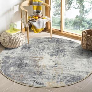 Lahome Modern Abstract Round Rug - 4Ft Grey Small Bathroom Rug Indoor 4x4 Circle Rugs Washable Kitchen Mat, Non Slip Contemporary Bedroom Carpet for Living Dining Room Office Nursery