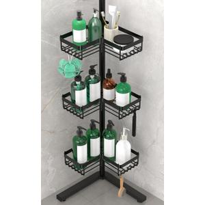 Floor Corner Shower Caddy, 3-Tier Rustproof Shower Shelf Organizer with Hooks, Free-Standing Bathroom Storage Rack for Shampoo & Toiletries, Black