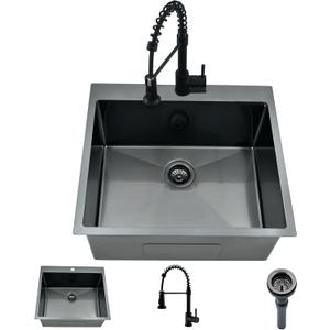 Black Drop In Laundry Sink with Faucet Combo, 25"x22"x12" Utility Sink Drop In Stainless Steel Laundry Sink 16 Gauge 12" Deep Single Bowl Kitchen Sinks
