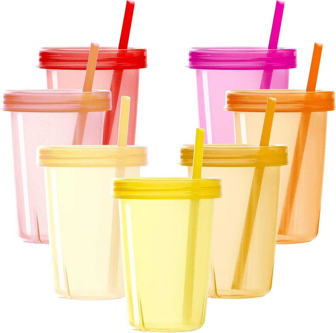 Youngever 7 Sets Plastic Kids Cups with Lids and Straws, 7 Reusable Toddler Cups with Straws in 7 Pink Colors (7 Count (Pack of 1))