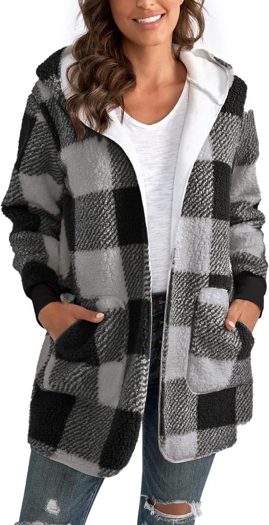 Yanekop Womens Oversized Sherpa Jacket Long Cardigan Sweaters Fuzzy Fleece Jacket Faux Fur Plus Size Coats with Pockets (Gray, L)