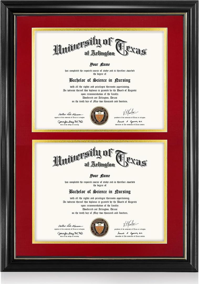 GraduationMall Double 8.5x11 Diploma Frame,Solid Wood & Tempered Glass,Black Finish with Gold Trim,Red & Gold Mat