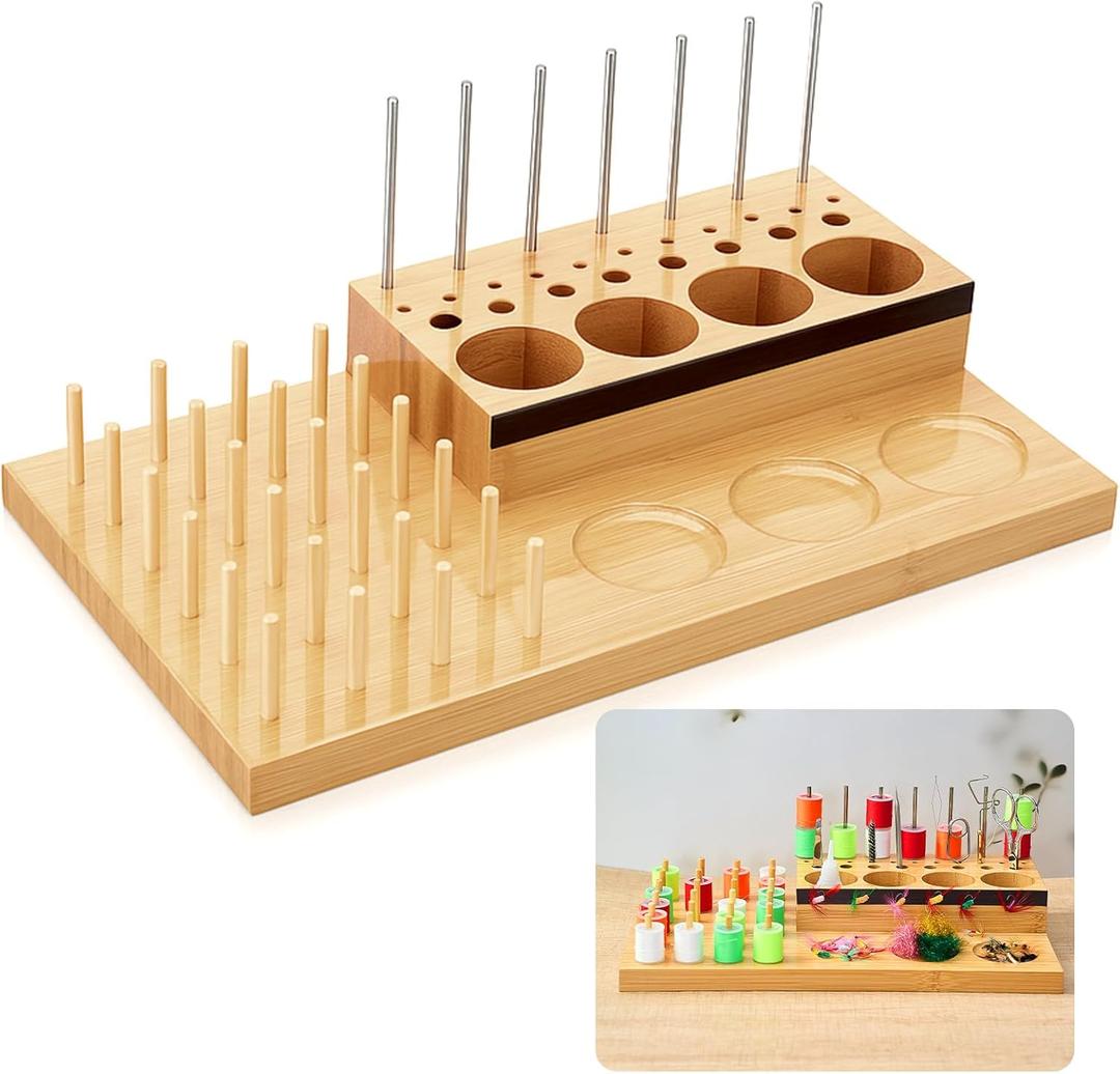 Yalikop Wooden Fly Tying Fishing Kit Organizer with Soft Magnets & Thread Spool Stand, Fly Tying Tool Caddy Desktop Storage Rack, Fishing Materials Tray Station