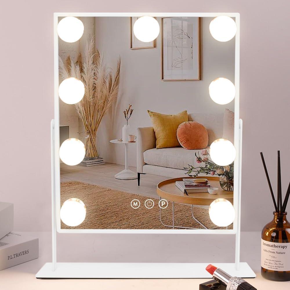 COOLJEEN Vanity Mirror with Lights, 9 Led Bulbs Lighted Makeup Mirror with Detachable 10X Magnification Mirror, Hollywood Mirror 3 Color Lights Tabletop Makeup Mirror, 360Rotation