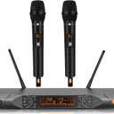 Wireless Microphone System, Metal Dual UHF Cordless Handheld Dynamic Karaoke Mic Set, Auto Scan, Long Range 200ft for Home Karaoke Singing, DJ Party, Church, Wedding, Speech (UM203)