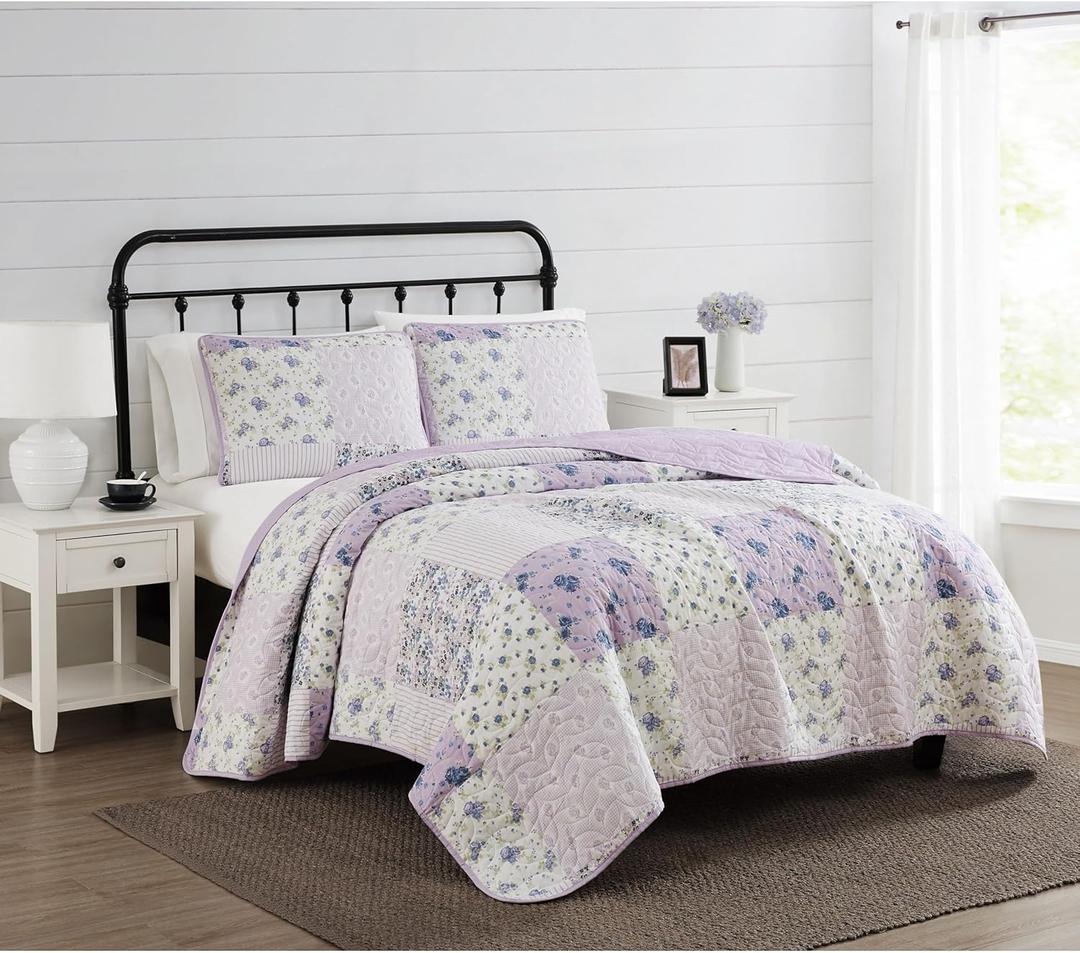 CANNON Elissa Patchwork White and Purple Polyester 3-Piece Full/Queen Quilt Set, Floral Themed, for Men and Women, Oeko-TEX Certified Confidence