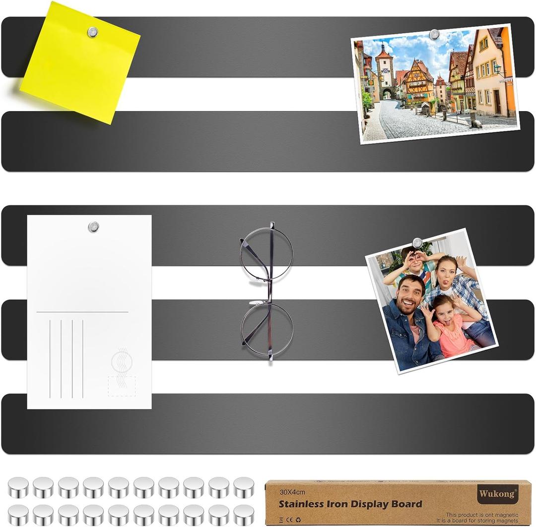 Wukong 5 Pack | 30x4cm (11.81 x 1.57) Magnetic Stainless Black Board Strips, Adhesive Backing Bulletin Bar, Memo Strip with 30pcs 5x3mm Magnets for Office, Home, Photo Wall, Documents