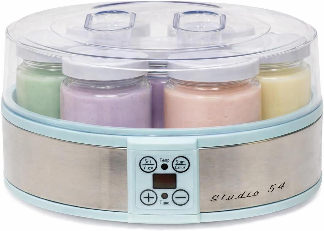 Studio 54 Yogurt Maker Machine with 7 Reusable Glass Jars (6oz Each), Probiotic Greek Yogurt Maker with Precise Time & Temperature Controls, Retro Blue Digital Yogurt Maker