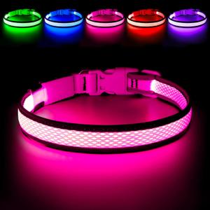 Flashseen LED Dog Collar, USB Rechargeable Light Up Dog Collar Lights, Adjustable Comfortable Soft Mesh Safety Pet Collar for Medium Dogs (Medium, Candy Pink)