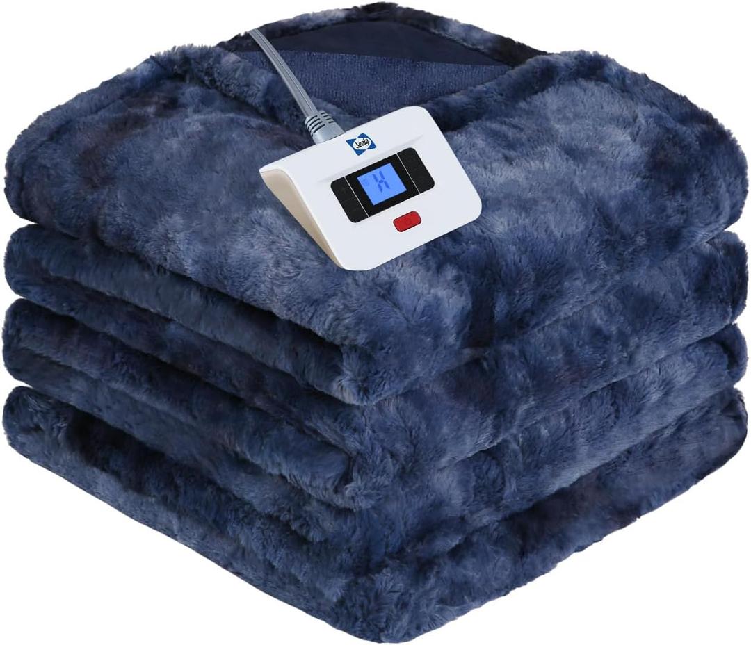 Sealy Electric Blanket Twin Size, Faux Fur & Flannel Heated Blanket with 10 Heating Levels & 1-12 Hours Auto Off, Fast Heating Blanket, Machine Washable, Navy Blue, 62x 84 Inch (Indigo)