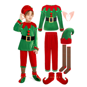 SOMSOC 7 Pack Kids Christmas Elf Costume Set Boys Velvet Elf Dress Up Santa's Helper Costume Xmas Festive Outfit, 8-10 Years
