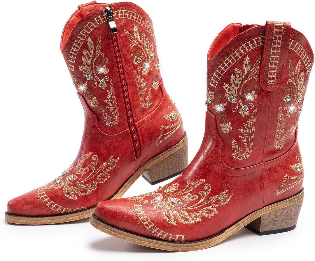 Cowboy Boots for Women, Cowgirl Boots with Sparkly Embroidered Rhinestones, Short Western Ankle Boots for Women with Side Zipper Pull On (6)