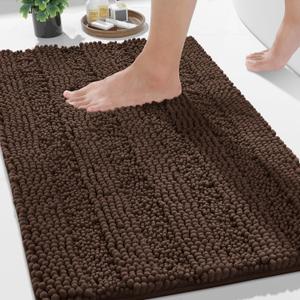 Yimobra Bathroom Rug Mat 32 x 20, Non Slip and Super Absorbent Bath Mat,Machine Washable Quick Dry,Ultra Plush Chenille Shower Rugs for Bathroom Floor Sink Tub and Shower Outside, Brown