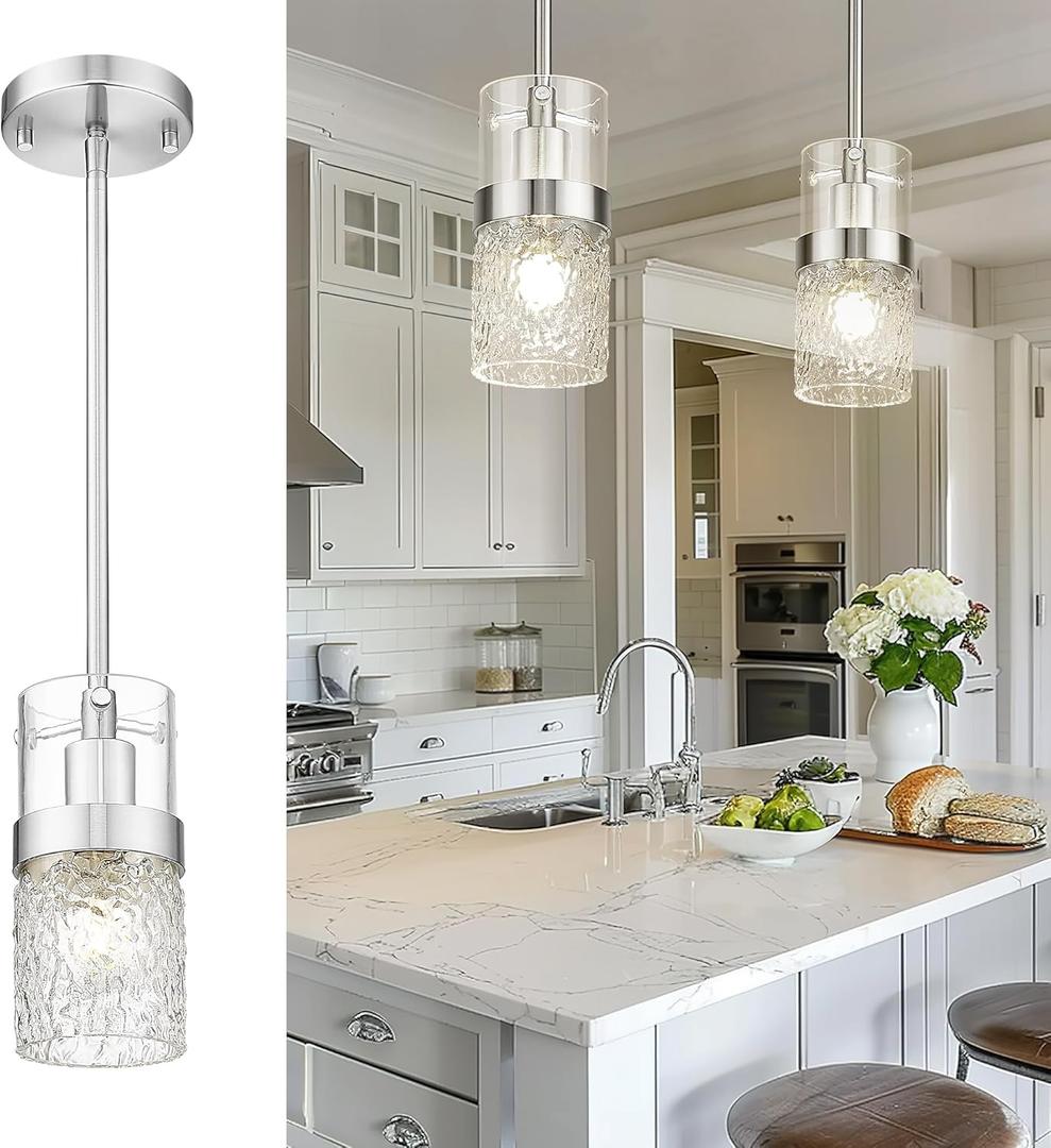 LMS Brushed Nickel Pendant Lights Kitchen Island, 1-Light Modern Glass Pendant Light Fixtures with Hammered Glass, Adjustable Mini Hanging Light for Kitchen Island Sink Bathroom, LMS-199