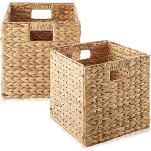 Casafield 10.5" x 10.5" Water Hyacinth Storage Baskets, Natural - Set of 2 Collapsible Cube Organizers, Woven Bins for Bathroom, Bedroom, Laundry, Pantry, Shelves