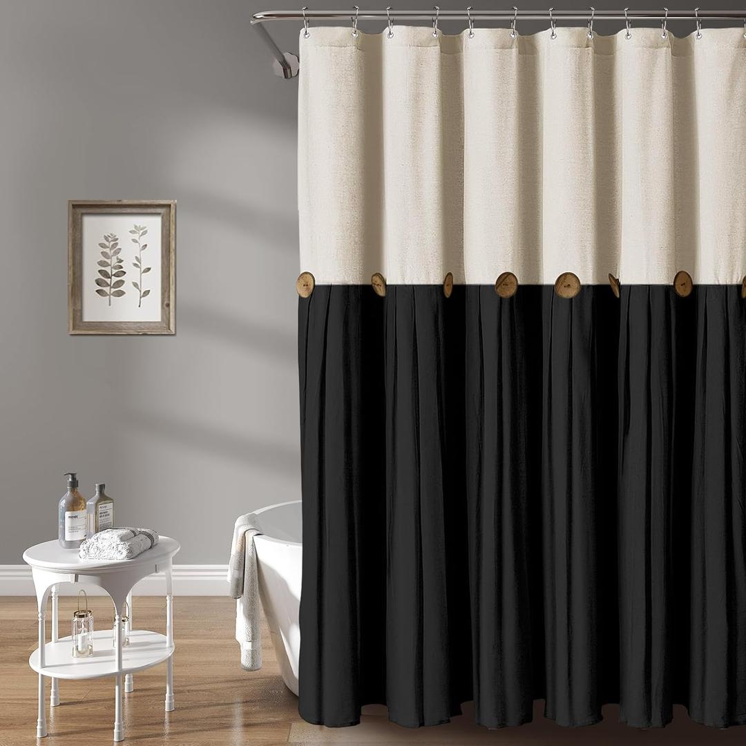 Awellife Linen Button Farmhouse Beige Shower Curtain,Linen and Cotton Woven Fabric,Pleated Brown Stripe,Country Style (Cream & Black, 72" L x 72" W) (72"W x 72"L)