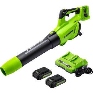 Greenworks 48V (24V x 2) Cordless Axial Leaf Blower (125 MPH / 515 CFM / 200+ Compatible Tools), (2) 2.0Ah Batteries and Dual Port Charger Included
