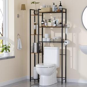 QOOIE Over The Toilet Storage with Wooden Shelves and Side Rack, 7-Tier Metal Over Toilet Bathroom Organizer Freestanding Storage Shelf for Toilet Paper, Towels, Toiletries, Ideal for Small Bathroom