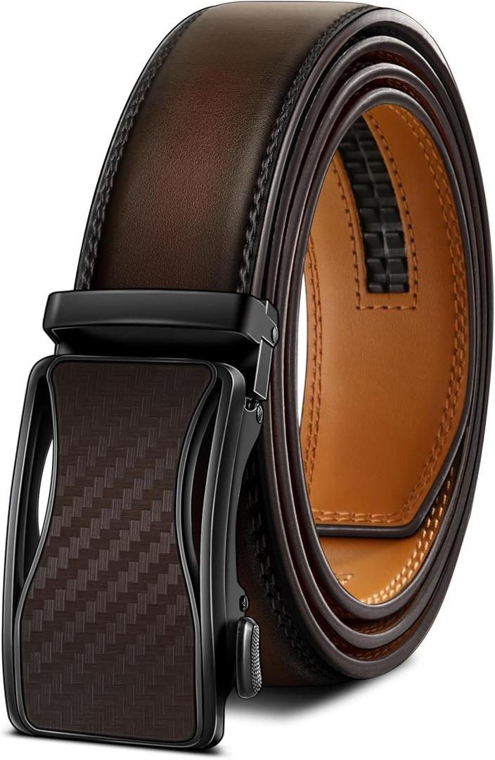 BULLIANT Mens Ratchet Belt,Leather Adjustable Slide Belt For Gift Mens Dress Casual 1 3/8",Size Adjustable (Brown)