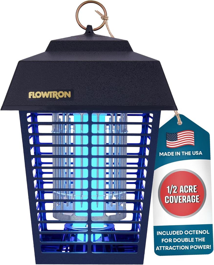 Flowtron Electric Bug Zapper 1/2 Acre Outdoor Insect Control with Dual Lure Method, 15W UV Light & Octenol Attractant for Fly & Mosquito, 5600V Kill Grid, Made in USA, UL Certified (Midnight Black)