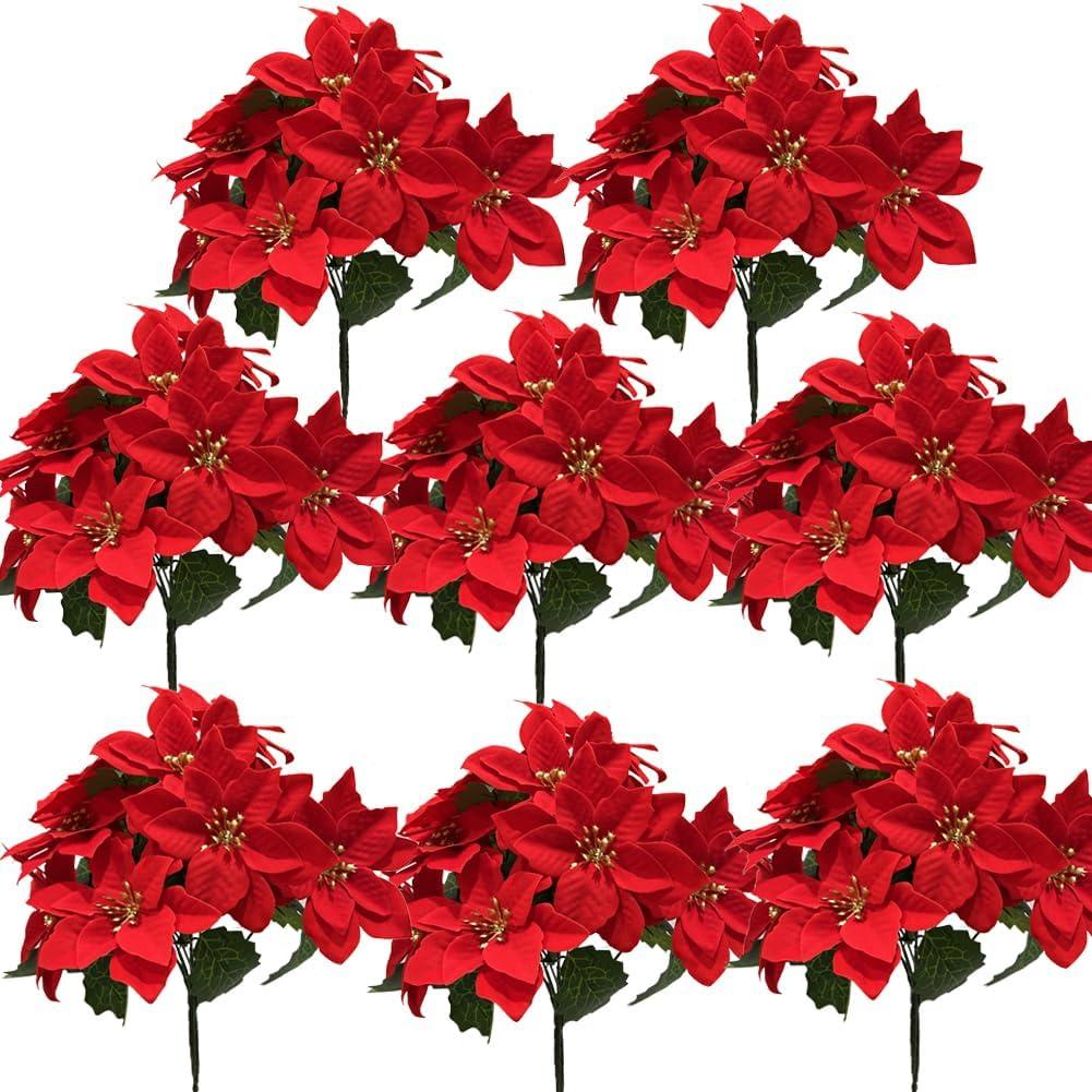 Red Christmas Artificial Poinsettia Flowers 8Pack Silk Red Poinsettias Artificial Bushes Christmas Flowers 5 Heads Floral Bouquet with Stem for Home Decor