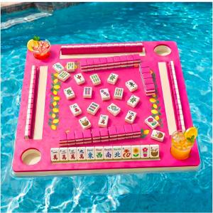 Floating Mahjong Table for Pool,32×32in Pool Float Game Board for Mahjong Poker Dominoes,Hot Tub Float Table with Tile Racks and Cup Holders for Adults,Summer Pool Party Accessories (Pink Lemon), 31.5 x 31.5 x 2.0 inches