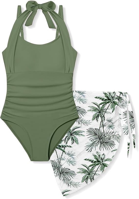 Girls Swimsuit Halter Neck One Piece Bathing Suit with Tropical Printed Cover Up Skirt Girls' Swimwear Set 15-16T