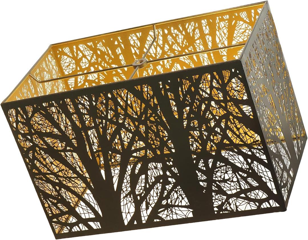 (8"+14") Top (8"+14") Bottom 9" High Rectangular Etched Metal Lampshade | Black & Gold Large Rectangular Tree Shadow Effect Lamp Shade Fits For Table Lamps Floor Lamps Replacement Spider Fitter.