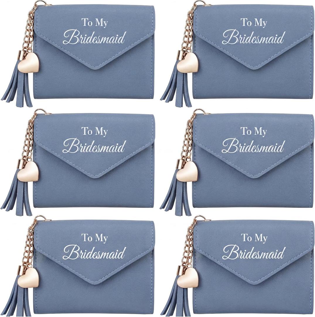 6 Pcs Bridesmaid Proposal Gifts, Shimmering Slim Wallet for Gift Box Fillers, Heart Tassel Card Holder for Wedding Bridal Shower Bachelorette Favors(Blue)