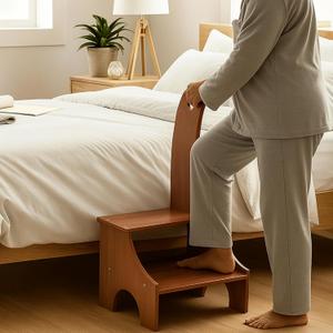 Kigley 2 Step Stool with Handle for Elderly Adults and Seniors Wooden Steps for High Beds Holds up to 400 Lbs Lightweight and Sturdy Foot Stool for Bed Kitchen Car Bathroom Bathtub