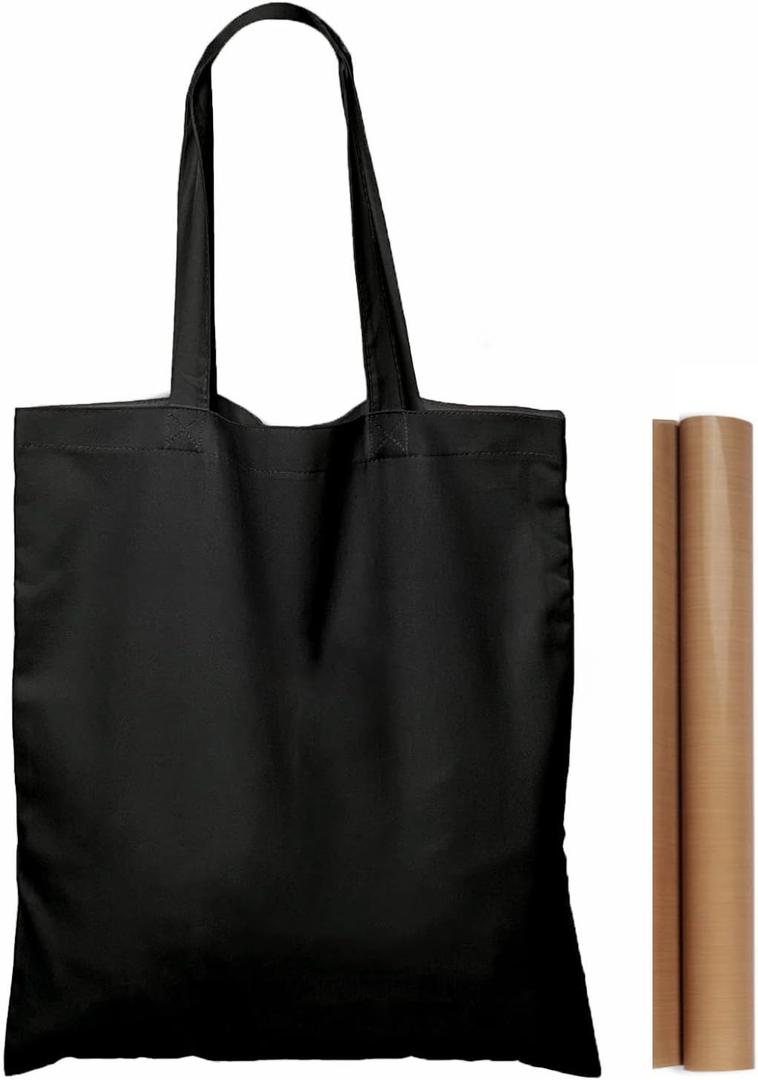 NPBAG 5 Pack 15'' X 16'' Black Cotton Tote Bags, Lightweight Blank Bulk Cloth bags with 1pc of PTFE Teflon Sheet (Medium)