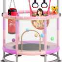 60" Trampoline for Kids, Anti-Rollover Round Bottom Baby Toddler Trampoline with Basketball Hoop, Indoor/Outdoor Kid Trampoline with Enclosure Net